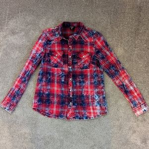 Red, white, and blue plaid, tie-dye button down shirt